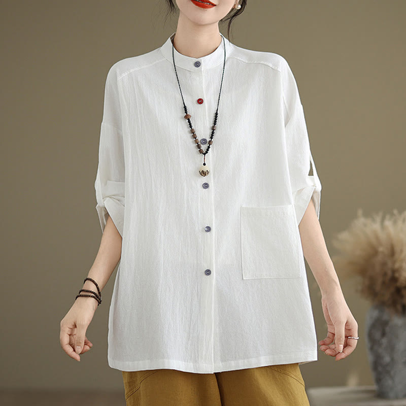 Buddha Stones Commute Pure Color Long Sleeve Women's Cotton Linen Shirt With Pocket - White - US14，UK/AU18，EU46 (2XL) - image 12