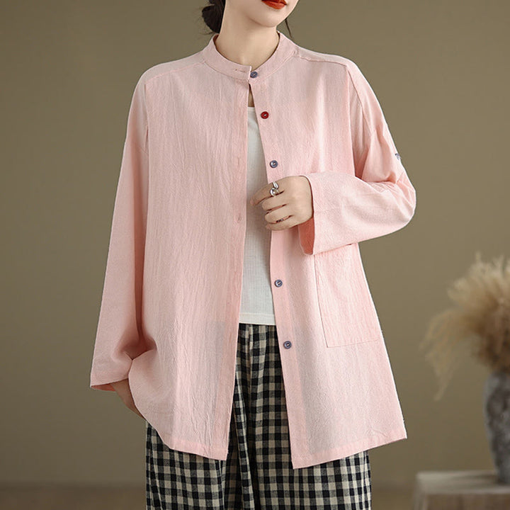 Buddha Stones Commute Pure Color Long Sleeve Women's Cotton Linen Shirt With Pocket - MistyRose - US14，UK/AU18，EU46 (2XL) - image 17