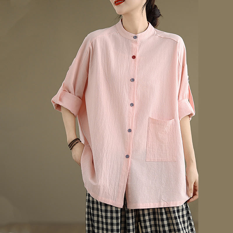 Buddha Stones Commute Pure Color Long Sleeve Women's Cotton Linen Shirt With Pocket - image 21