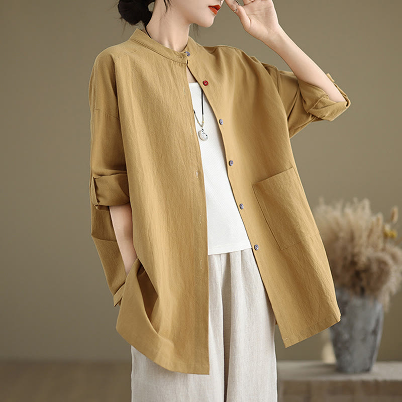 Buddha Stones Commute Pure Color Long Sleeve Women's Cotton Linen Shirt With Pocket - Goldenrod - US14，UK/AU18，EU46 (2XL) - image 1