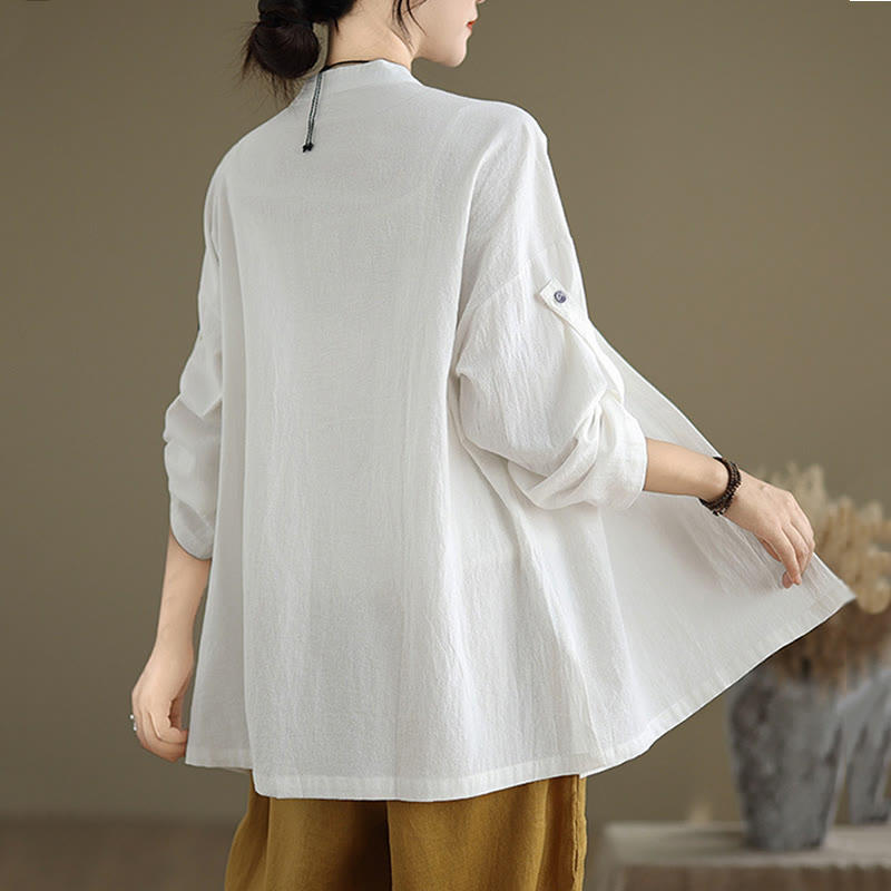 Buddha Stones Commute Pure Color Long Sleeve Women's Cotton Linen Shirt With Pocket - image 14
