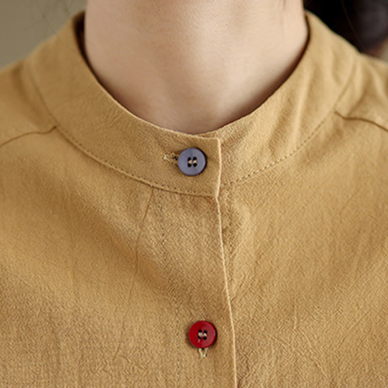 Buddha Stones Commute Pure Color Long Sleeve Women's Cotton Linen Shirt With Pocket - image 7