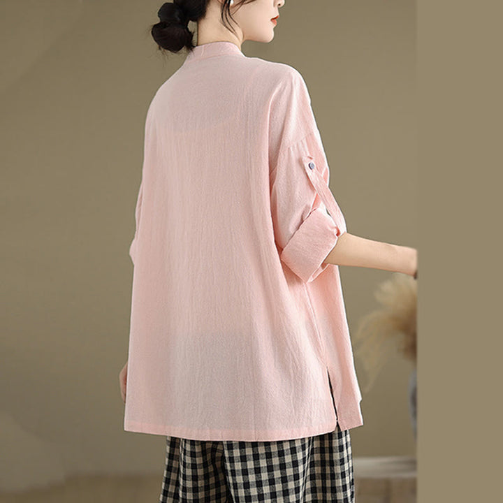 Buddha Stones Commute Pure Color Long Sleeve Women's Cotton Linen Shirt With Pocket - image 21
