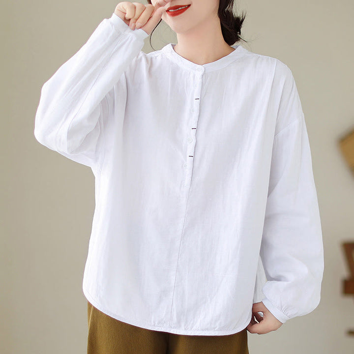 Buddha Stones Commute Spring Plain Half Buttons Simple Design Women's Cotton Linen Long Sleeve Shirt - White - US12，UK/AU16，EU44 (2XL) - image 8
