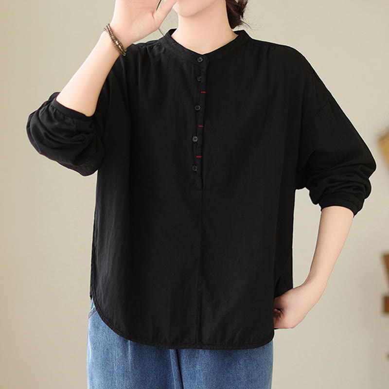 Buddha Stones Commute Spring Plain Half Buttons Simple Design Women's Cotton Linen Long Sleeve Shirt - image 3