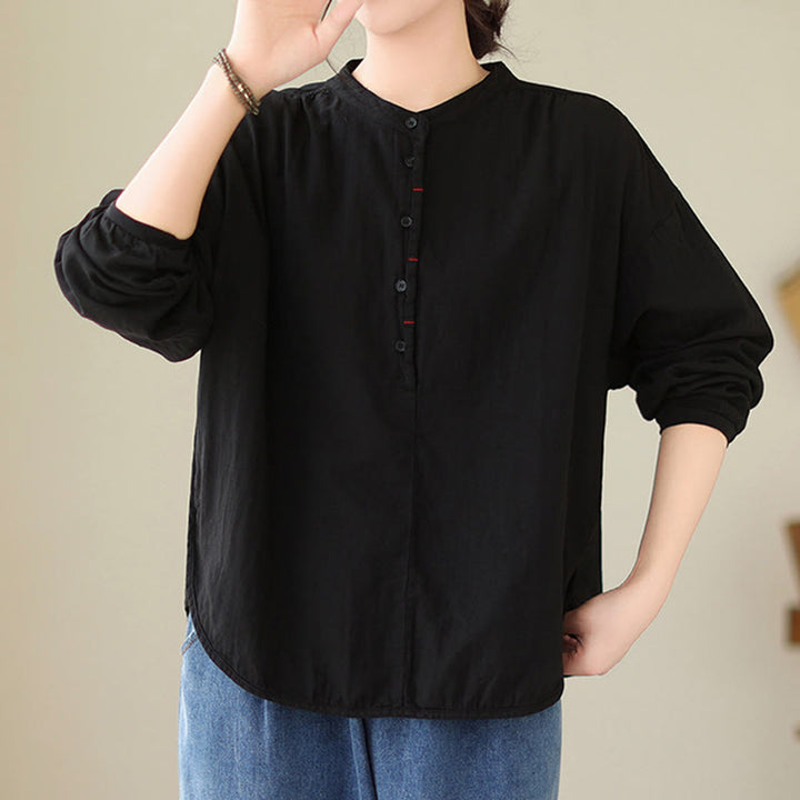 Buddha Stones Commute Spring Plain Half Buttons Simple Design Women's Cotton Linen Long Sleeve Shirt - image 3