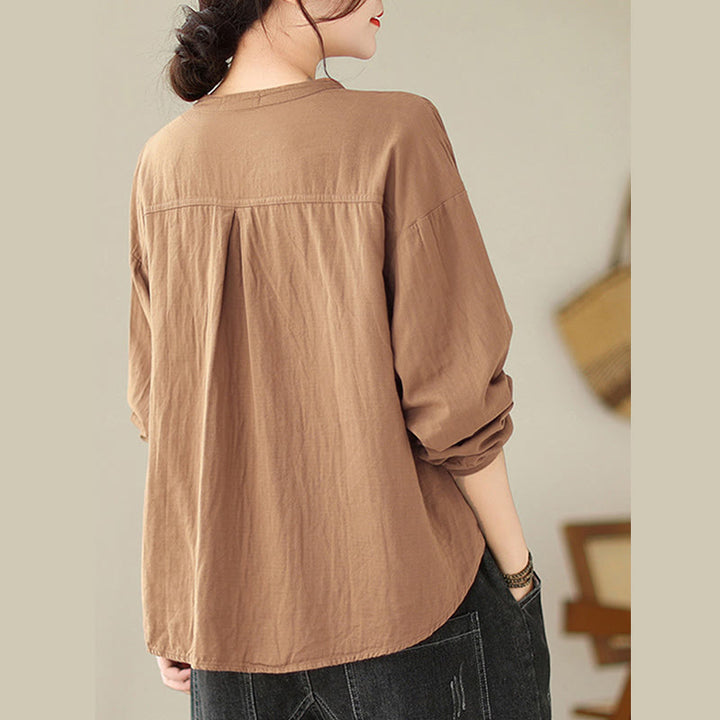 Buddha Stones Commute Spring Plain Half Buttons Simple Design Women's Cotton Linen Long Sleeve Shirt - image 15