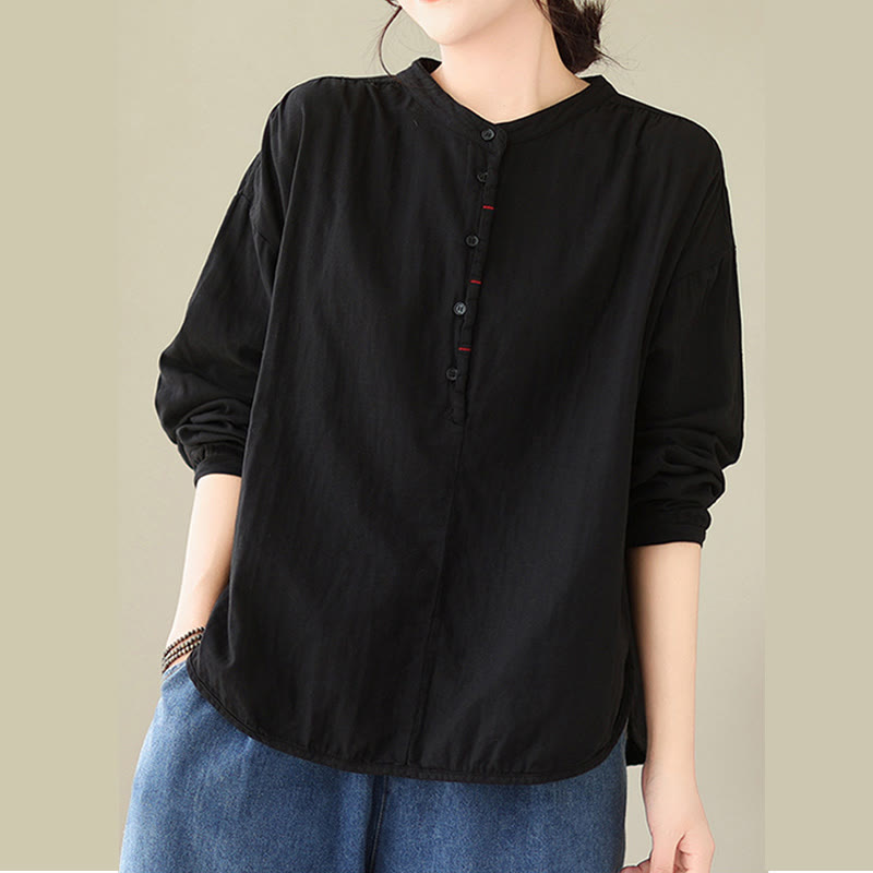 Buddha Stones Commute Spring Plain Half Buttons Simple Design Women's Cotton Linen Long Sleeve Shirt - image 2