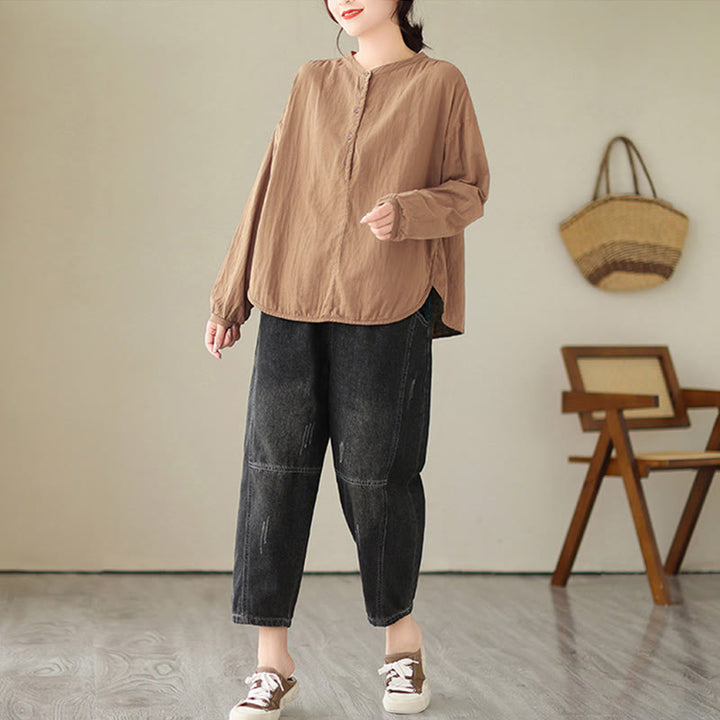 Buddha Stones Commute Spring Plain Half Buttons Simple Design Women's Cotton Linen Long Sleeve Shirt - image 17