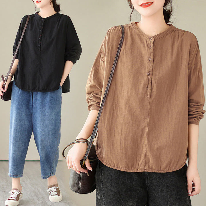 Buddha Stones Commute Spring Plain Half Buttons Simple Design Women's Cotton Linen Long Sleeve Shirt - image 22