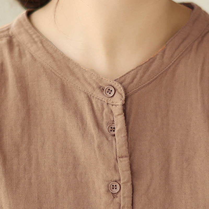 Buddha Stones Commute Spring Plain Half Buttons Simple Design Women's Cotton Linen Long Sleeve Shirt - image 18