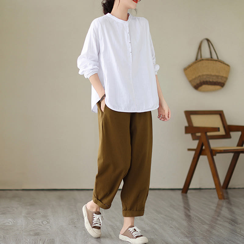 Buddha Stones Commute Spring Plain Half Buttons Simple Design Women's Cotton Linen Long Sleeve Shirt - image 11