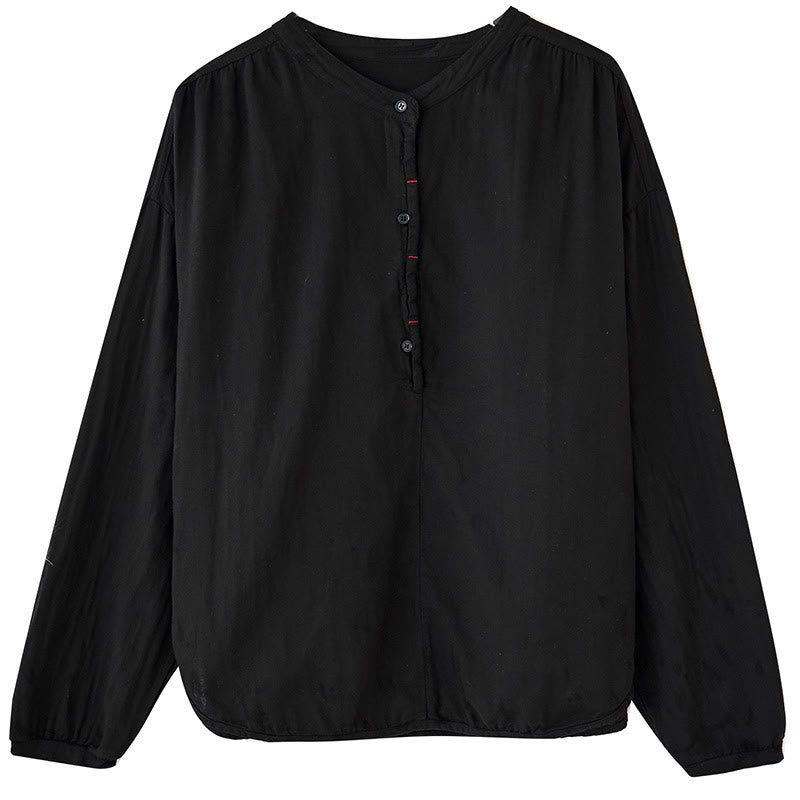 Buddha Stones Commute Spring Plain Half Buttons Simple Design Women's Cotton Linen Long Sleeve Shirt - image 7