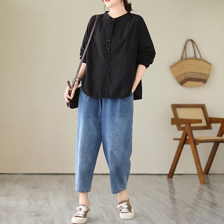 Buddha Stones Commute Spring Plain Half Buttons Simple Design Women's Cotton Linen Long Sleeve Shirt - image 6