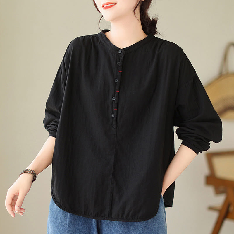 Buddha Stones Commute Spring Plain Half Buttons Simple Design Women's Cotton Linen Long Sleeve Shirt - Black - US12，UK/AU16，EU44 (2XL) - image 1