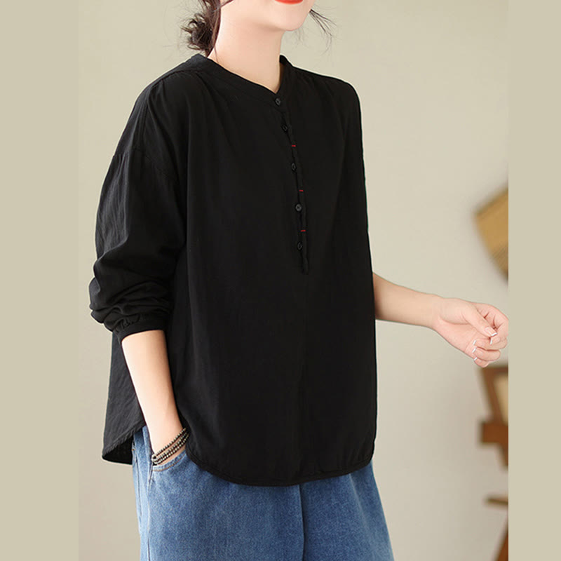 Buddha Stones Commute Spring Plain Half Buttons Simple Design Women's Cotton Linen Long Sleeve Shirt - image 5