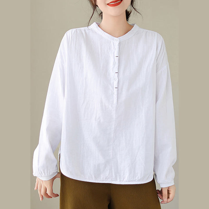 Buddha Stones Commute Spring Plain Half Buttons Simple Design Women's Cotton Linen Long Sleeve Shirt - image 9