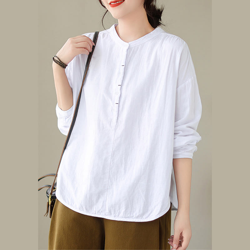 Buddha Stones Commute Spring Plain Half Buttons Simple Design Women's Cotton Linen Long Sleeve Shirt - image 10