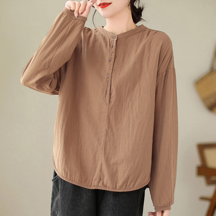 Buddha Stones Commute Spring Plain Half Buttons Simple Design Women's Cotton Linen Long Sleeve Shirt - SandyBrown - US12，UK/AU16，EU44 (2XL) - image 12
