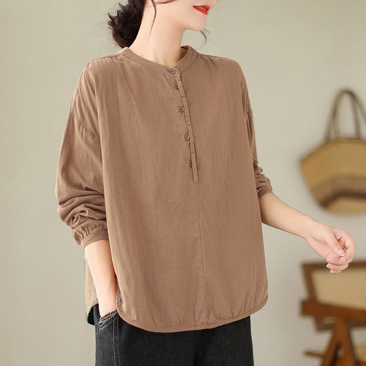 Buddha Stones Commute Spring Plain Half Buttons Simple Design Women's Cotton Linen Long Sleeve Shirt - image 13