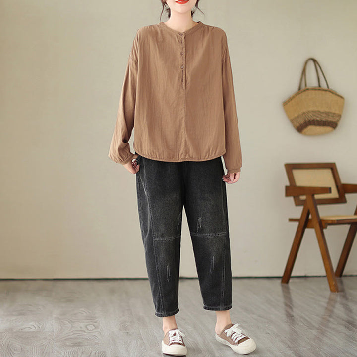 Buddha Stones Commute Spring Plain Half Buttons Simple Design Women's Cotton Linen Long Sleeve Shirt - image 16