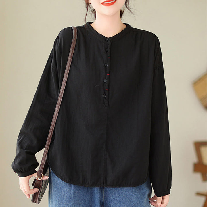 Buddha Stones Commute Spring Plain Half Buttons Simple Design Women's Cotton Linen Long Sleeve Shirt - image 4