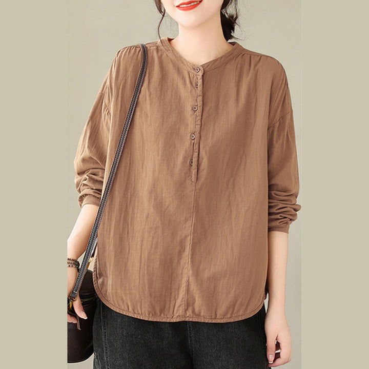 Buddha Stones Commute Spring Plain Half Buttons Simple Design Women's Cotton Linen Long Sleeve Shirt - image 14