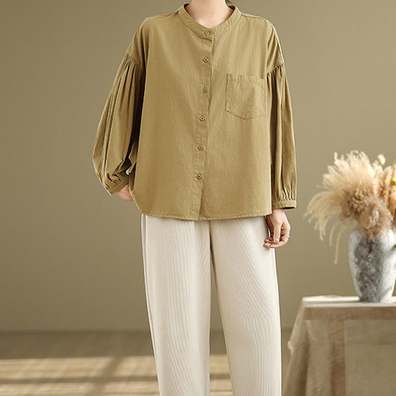 Buddha Stones Commute Half Buttons Accordion Pleats Design Women's Cotton Linen Long Sleeve Shirt - image 7
