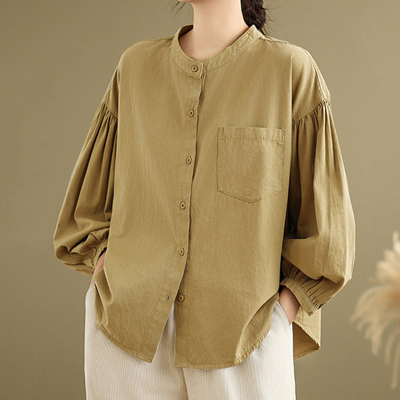 Buddha Stones Commute Half Buttons Accordion Pleats Design Women's Cotton Linen Long Sleeve Shirt - DarkGoldenrod - US8-10，UK/AU12-14，EU40-42 (2XL) - image 1