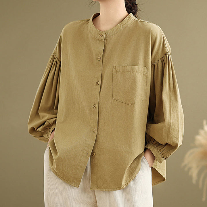 Buddha Stones Commute Half Buttons Accordion Pleats Design Women's Cotton Linen Long Sleeve Shirt - DarkGoldenrod - US8-10，UK/AU12-14，EU40-42 (2XL) - image 1