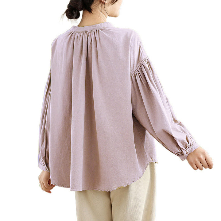 Buddha Stones Commute Half Buttons Accordion Pleats Design Women's Cotton Linen Long Sleeve Shirt - image 17