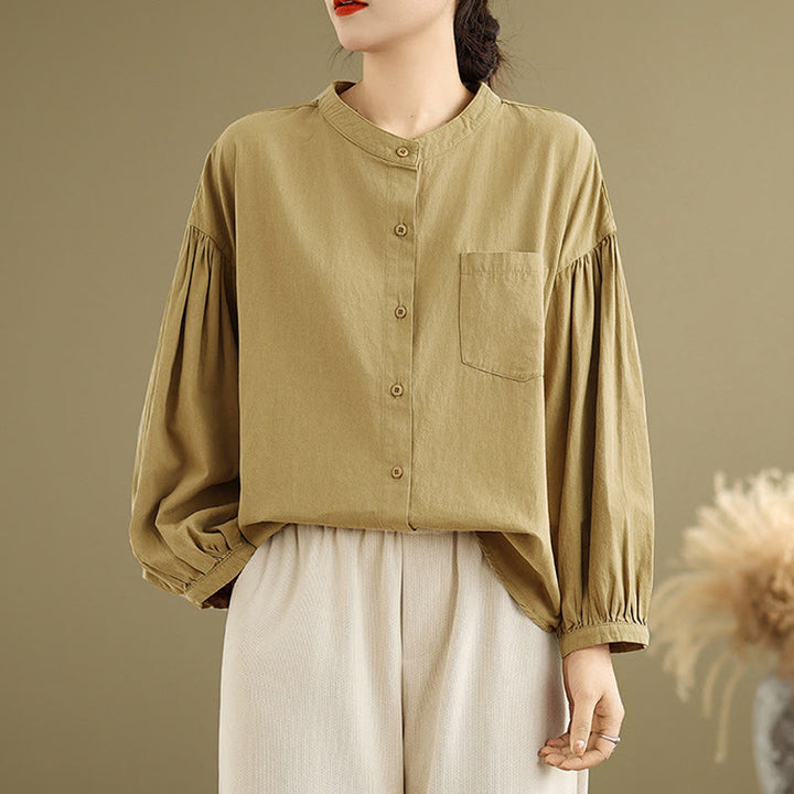 Buddha Stones Commute Half Buttons Accordion Pleats Design Women's Cotton Linen Long Sleeve Shirt - image 6