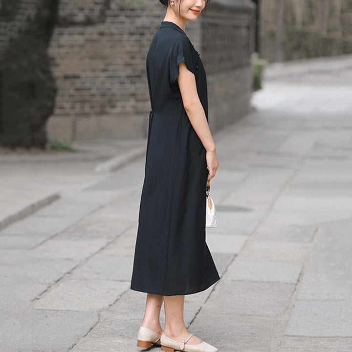 Buddha Stones Casual Plain Cheongsam Lace-Up Design Cotton Linen Short Sleeve Midi Dress - image 18