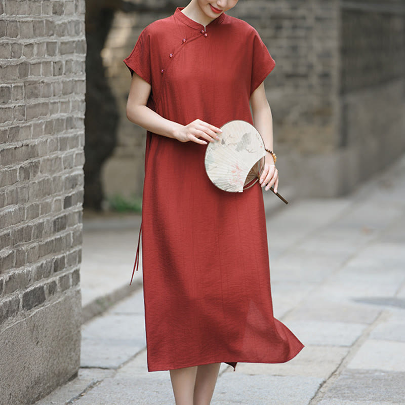 Buddha Stones Plain Cheongsam Lace-Up Design Cotton Linen Short Sleeve Midi Dress - FireBrick - US8-10，UK/AU12-14，EU40-42 (2XL) - image 1