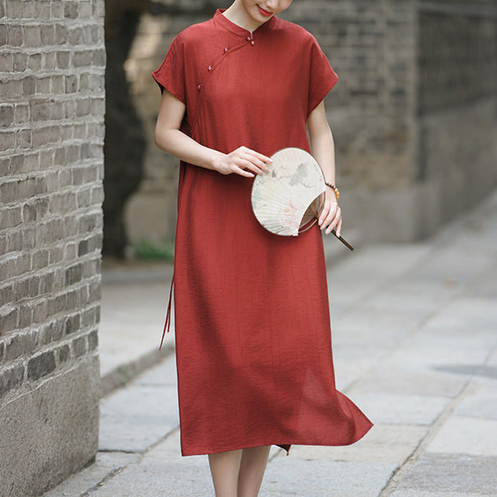 Buddha Stones Plain Cheongsam Lace-Up Design Cotton Linen Short Sleeve Midi Dress - FireBrick - US8-10，UK/AU12-14，EU40-42 (2XL) - image 1