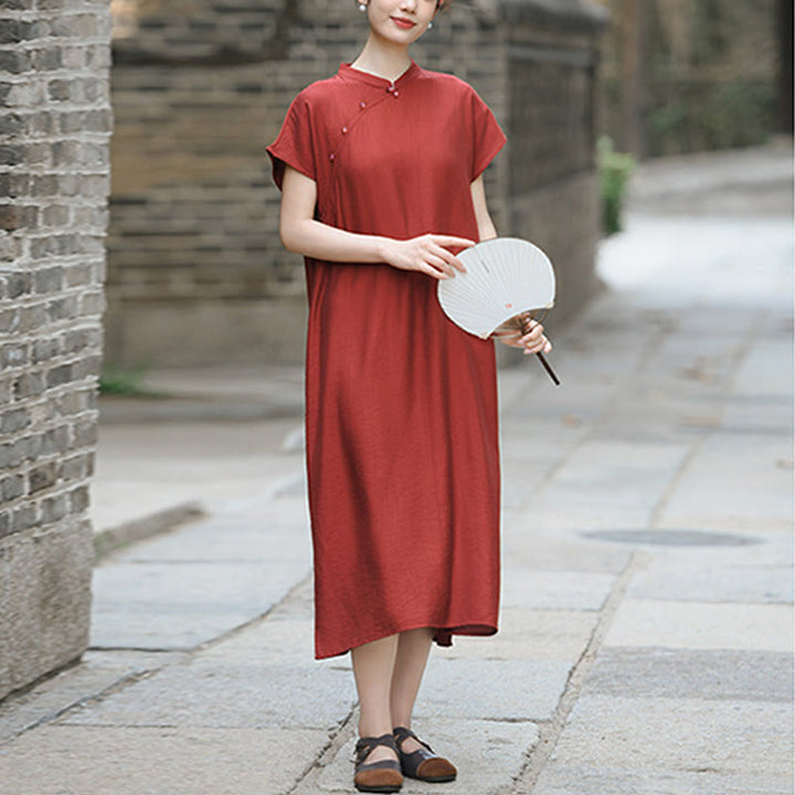 Buddha Stones Casual Plain Cheongsam Lace-Up Design Cotton Linen Short Sleeve Midi Dress - image 5