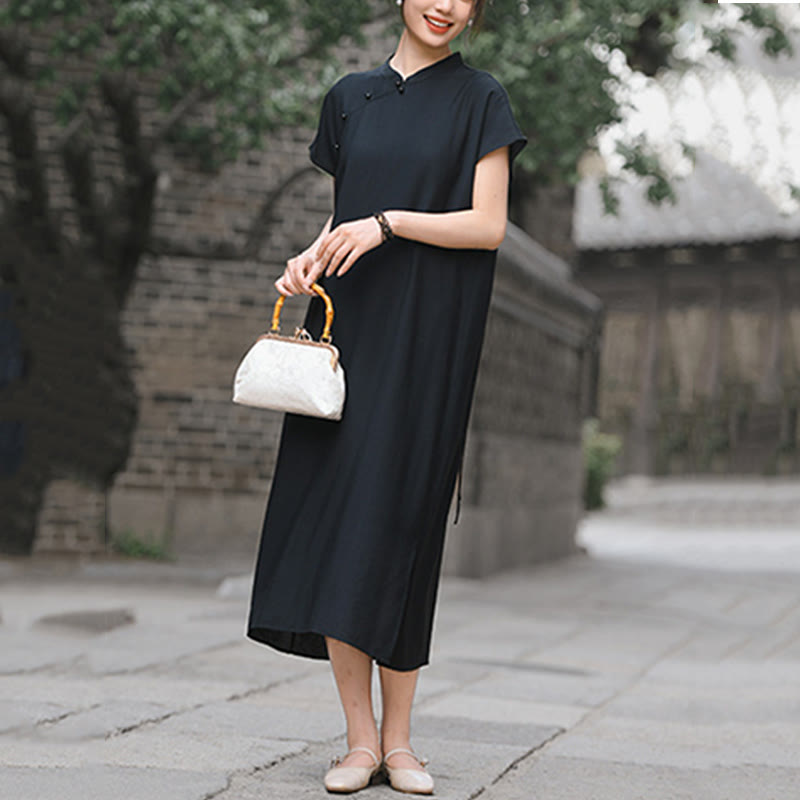 Buddha Stones Casual Plain Cheongsam Lace-Up Design Cotton Linen Short Sleeve Midi Dress - image 21