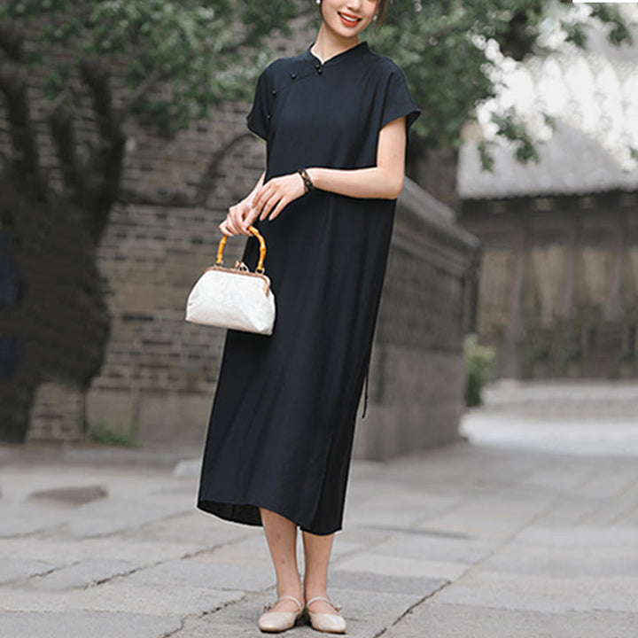 Buddha Stones Casual Plain Cheongsam Lace-Up Design Cotton Linen Short Sleeve Midi Dress - image 21