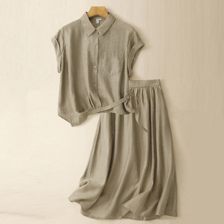 Buddha Stones 2Pcs Shirt Top 7-8 Length Skirt With Pockets Cotton Linen Clothing Women's Set - DarkKhaki - US8-10，UK/AU12-14，EU40-42 (2XL) - image 1