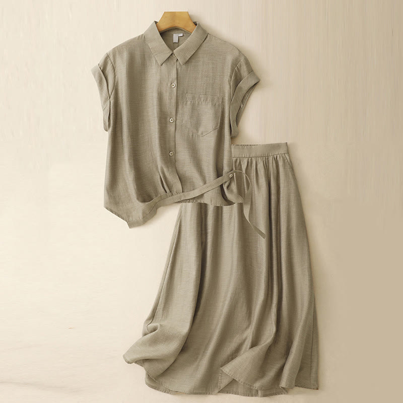 Buddha Stones 2Pcs Short Sleeve Shirt 7-8 Length Skirt With Pockets Cotton Linen Women's Set - DarkKhaki - US8-10，UK/AU12-14，EU40-42 (2XL) - image 1
