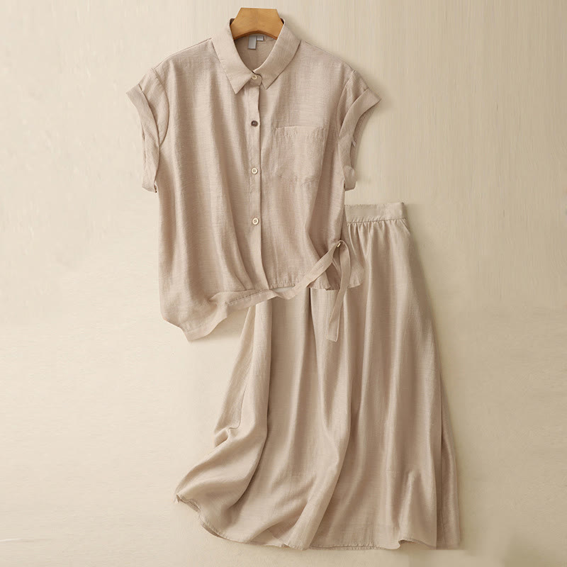 Buddha Stones 2Pcs Shirt Top 7-8 Length Skirt With Pockets Cotton Linen Clothing Women's Set - Wheat - US8-10，UK/AU12-14，EU40-42 (2XL) - image 15