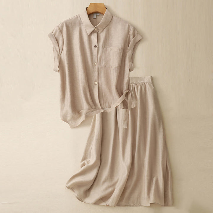 Buddha Stones 2Pcs Short Sleeve Shirt 7-8 Length Skirt With Pockets Cotton Linen Women's Set - Wheat - US8-10，UK/AU12-14，EU40-42 (2XL) - image 15
