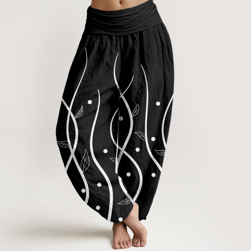 Buddha Stones Casual Minimalist Vine Leaf Pattern Women's Elastic Waist Harem Pants - Black - US22，UK/AU26，EU54 (6XL) - image 4