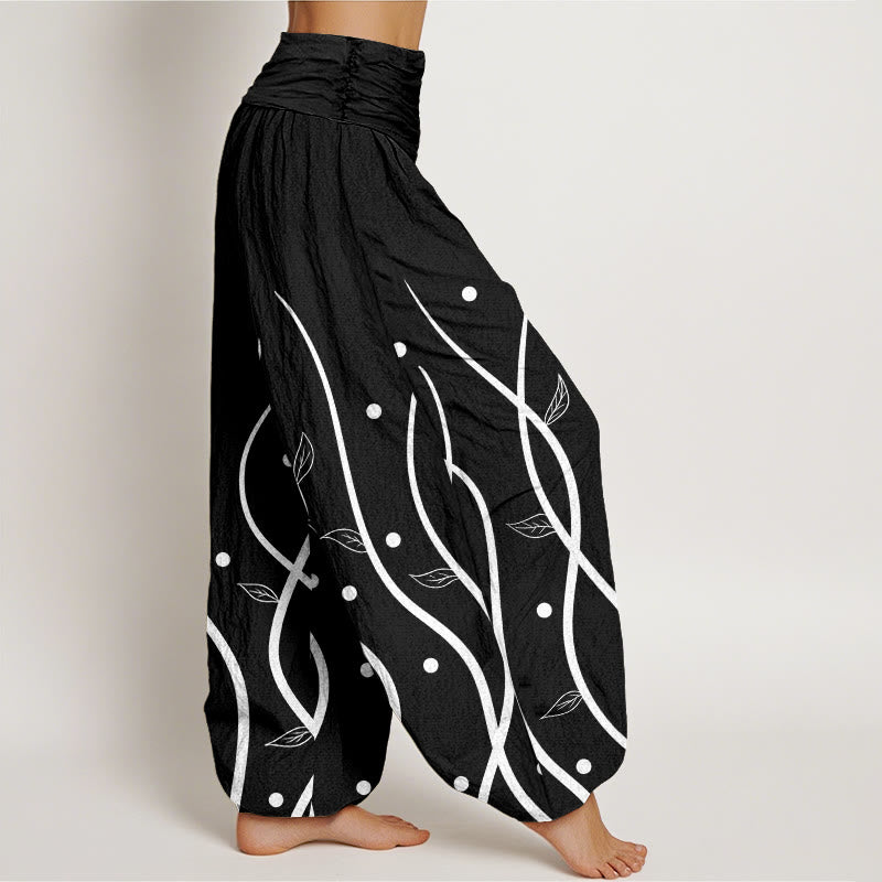 Buddha Stones Cotton Casual Minimalist Vine Leaf Pattern Women's Elastic Waist Harem Pants - image 5