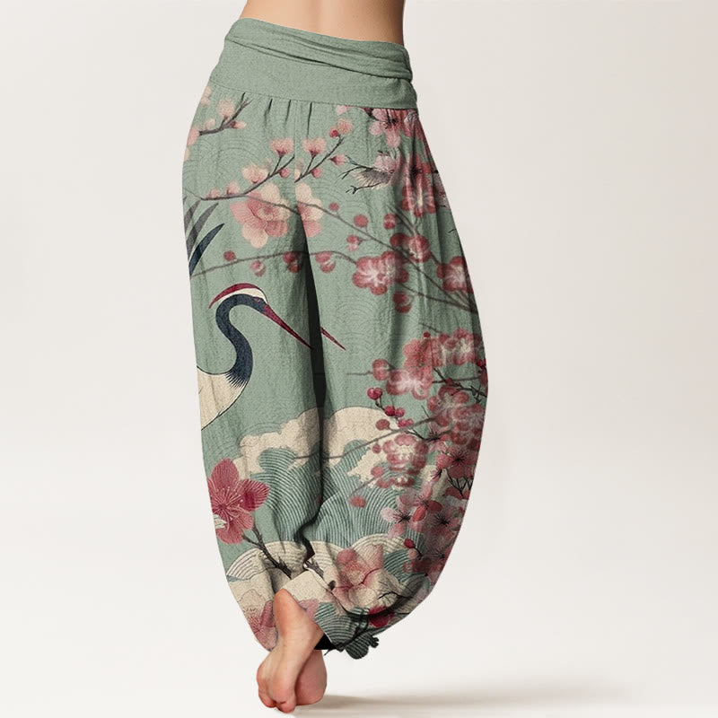 Buddha Stones Cotton Casual Crane Cherry Blossom Design Pattern Women's Elastic Waist Harem Pants - image 2