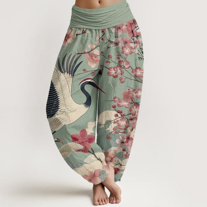 Buddha Stones Casual Crane Cherry Blossom Design Pattern Women's Elastic Waist Harem Pants - DarkSeaGreen - US22，UK/AU26，EU54 (6XL) - image 0