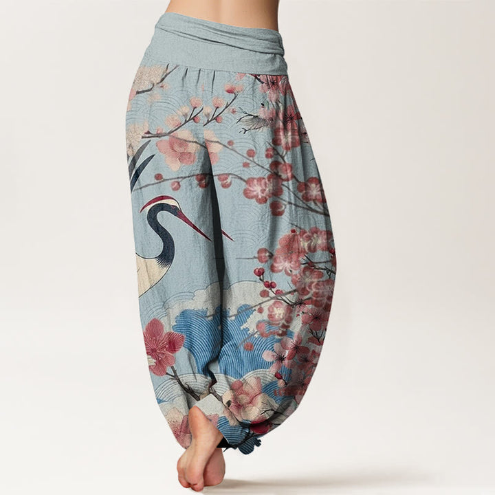 Buddha Stones Casual Crane Cherry Blossom Design Pattern Women's Elastic Waist Harem Pants - image 6