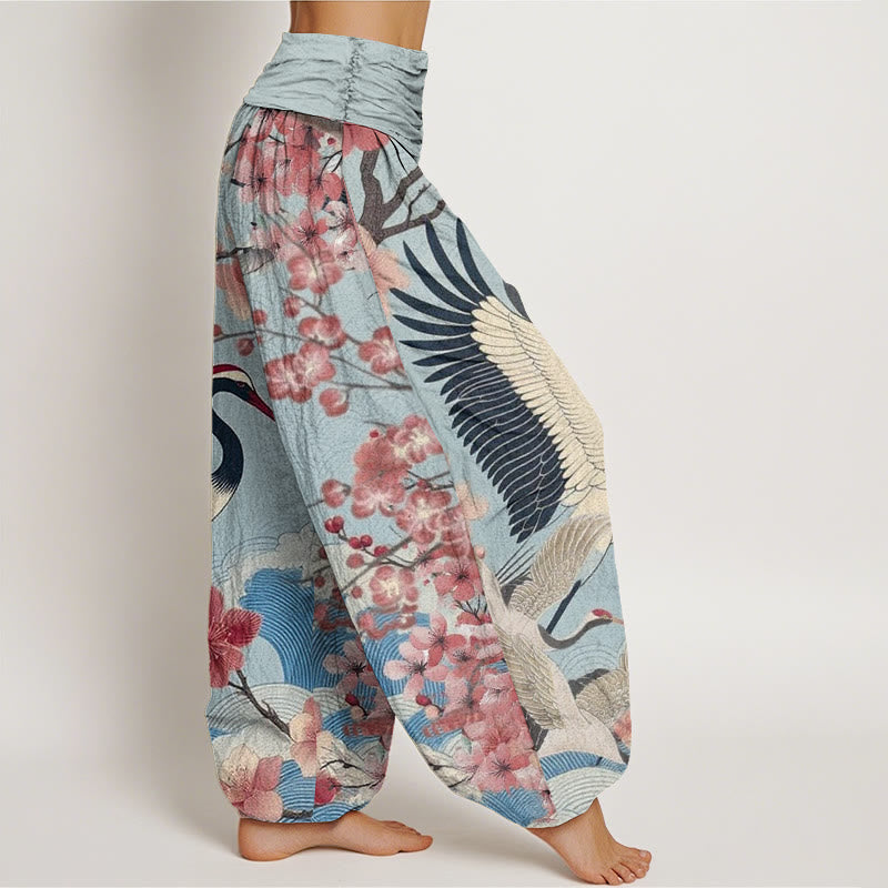 Buddha Stones Casual Crane Cherry Blossom Design Pattern Women's Elastic Waist Harem Pants - image 5