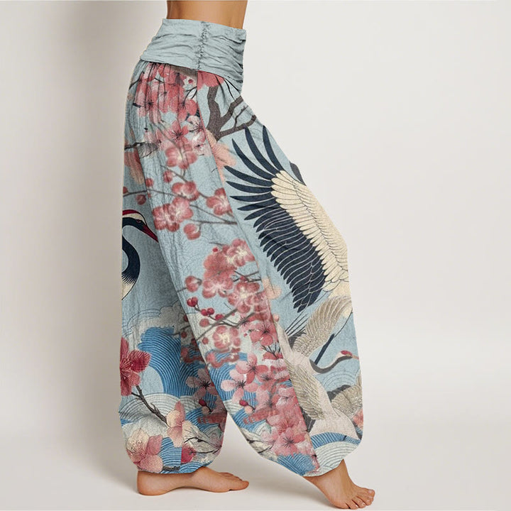 Buddha Stones Casual Crane Cherry Blossom Design Pattern Women's Elastic Waist Harem Pants - image 5