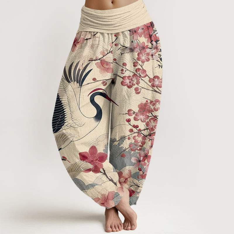 Buddha Stones Casual Crane Cherry Blossom Design Pattern Women's Elastic Waist Harem Pants - image 11